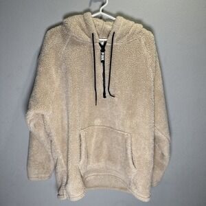 PINK Victorias Secret Pullover Womens large Sherpa Fleece Hoodie Beige 1/4 zip
